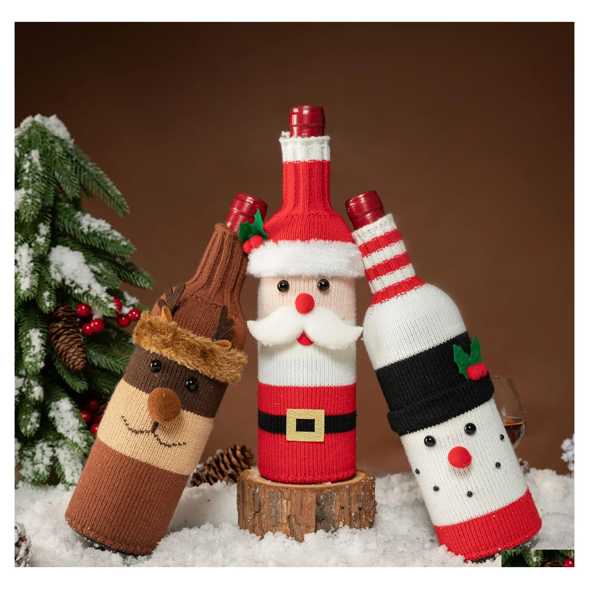 Décorations De Noël Dessin Animé Tricoté Bouteille De Vin Ensemble Vieil Homme Bonhomme De Neige Elk Produits Fournitures En Gros Drop Delivery Home Garden Fest Dh7Ow