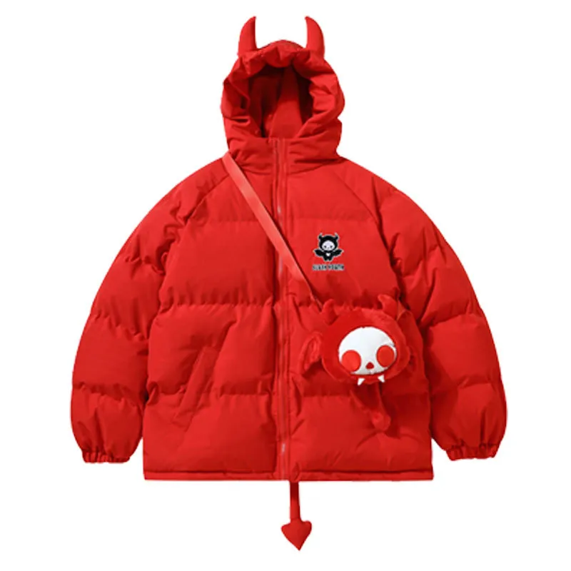 Winter Jacket Hooded Down Parkas with Bag Streetwear Hip Hop Devil Horn Thick Warm Bubble Padded Coats Harajuku Casual Puffer Jackets
