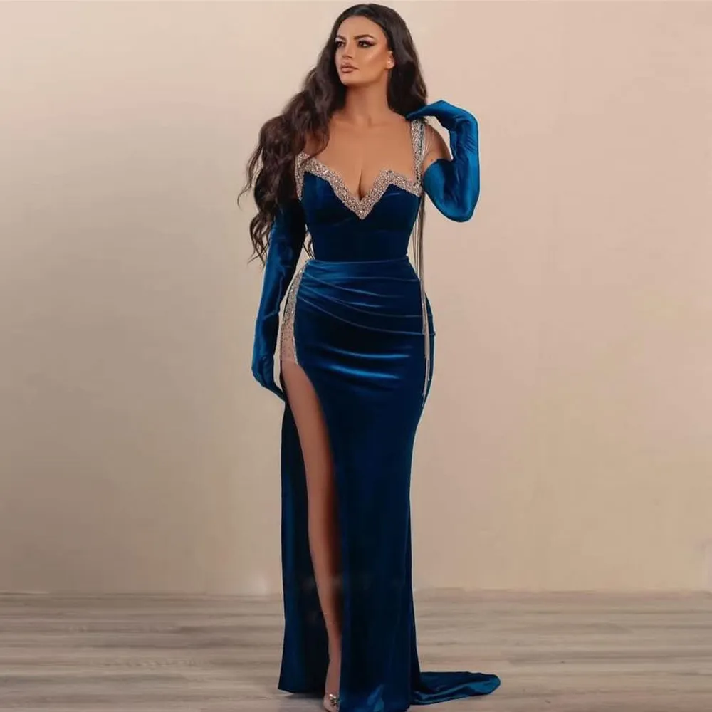 Bleu Veet sirène robes de soirée une épaule côté fendu robe de bal cristal sequin sexy longue robe maxi pour occasion spéciale 326 326