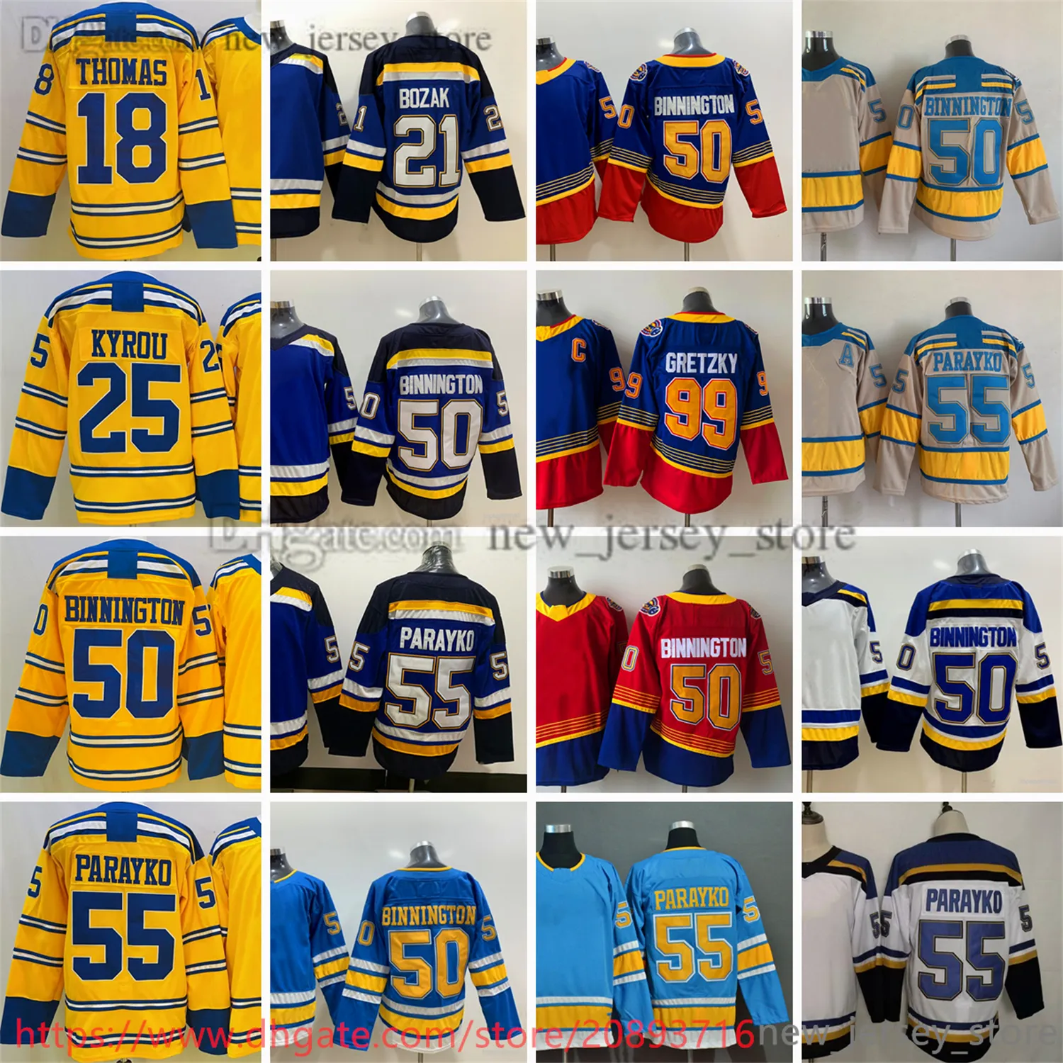 Camisas de hóquei no gelo da faculdade de filmes costuradas 55ColtonParayko 50Binnington 18RobertThomas 25KyrouYellow 99WayneGretzky 21TylerBozak Jersey