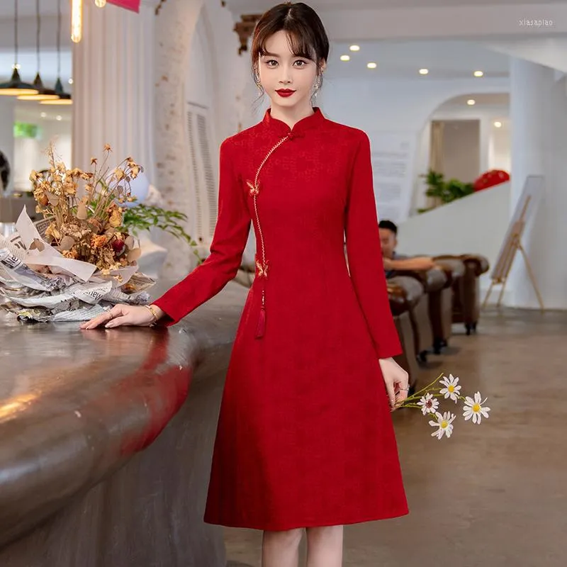 knee length dresses for ladies Long sleeve dress, Cheongsam dress, Linen dress, Chinese Vintage dress   lijingshop