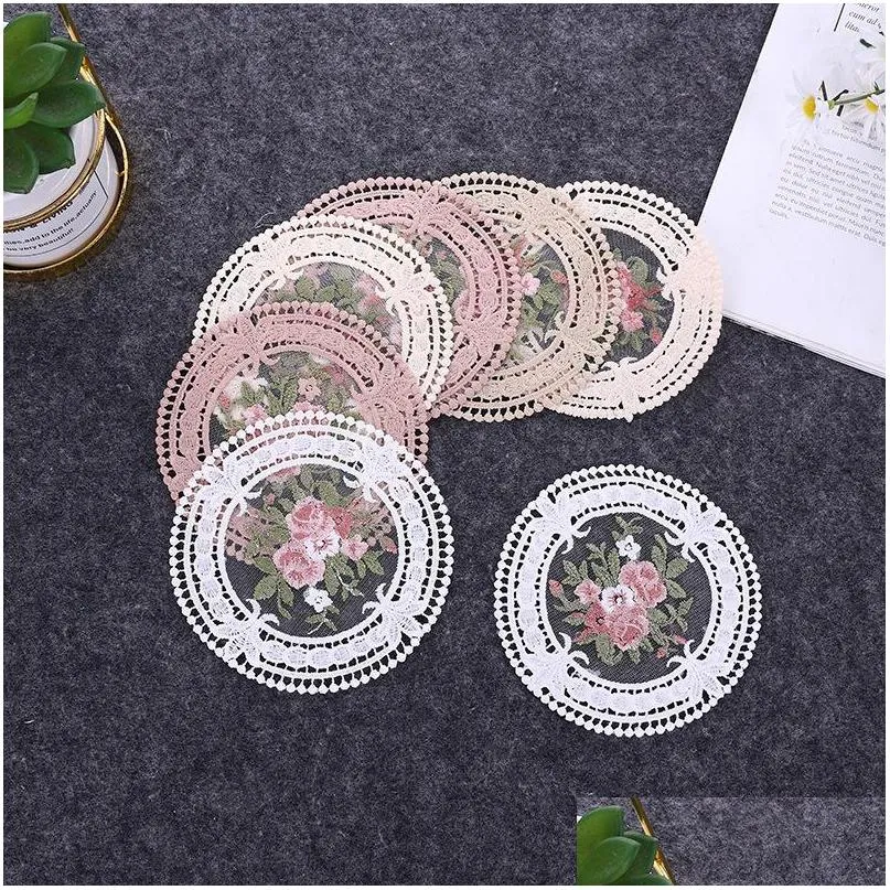 Mats Pads 12Cm European Style Lace Coaster Placemat Embroidery Craft Bowls Coffee Cups Fabric Antiscald Table Insation Plate Mat D Dhgxh