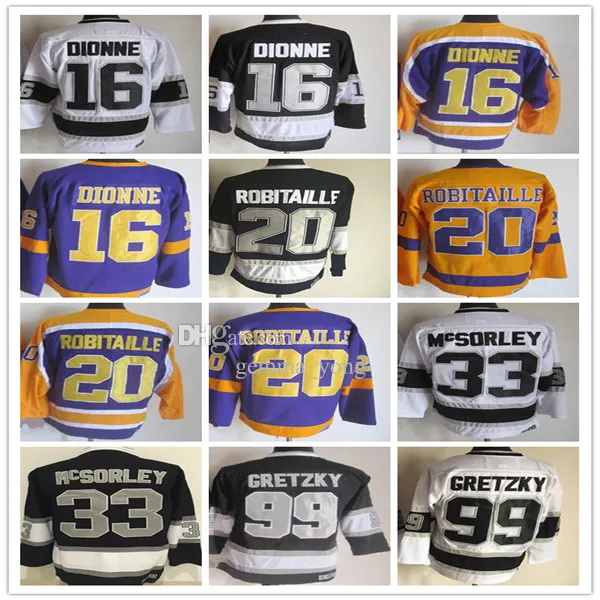 LA Vintage hockeyshirts 99 Wayne Gretzky 33 Marty McSorley 20 Luc Robitaille 16 Marcel Dionne Gestikte retro-uniformen Zwart Wit Geel Paars Afwisselend