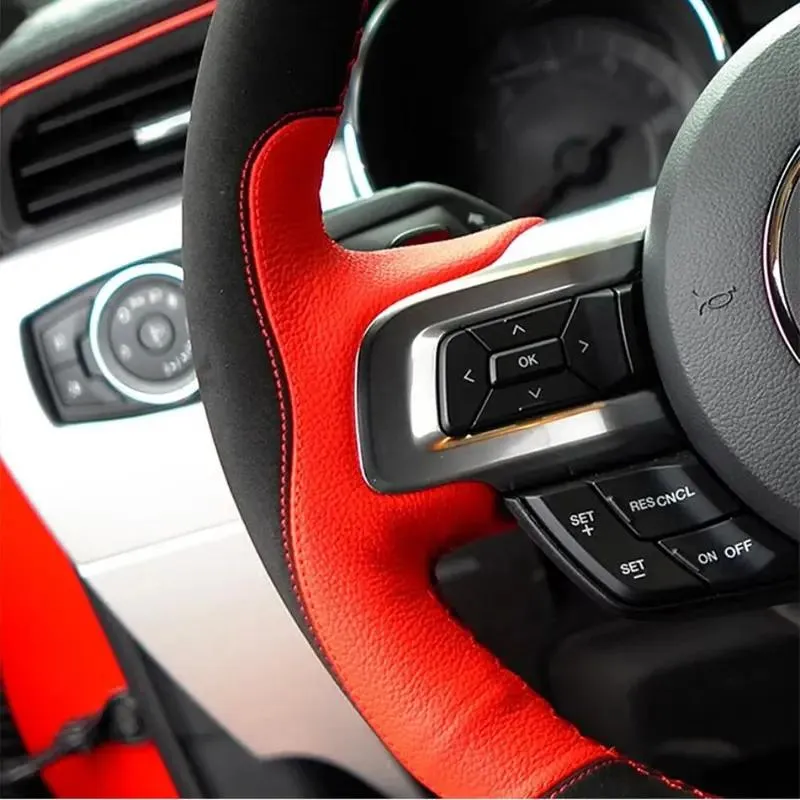 For Ford Mustang GT 2015-2019 Hand-stitched Black Suede Red Leather Anti-slip Car Steering Wheel Cover