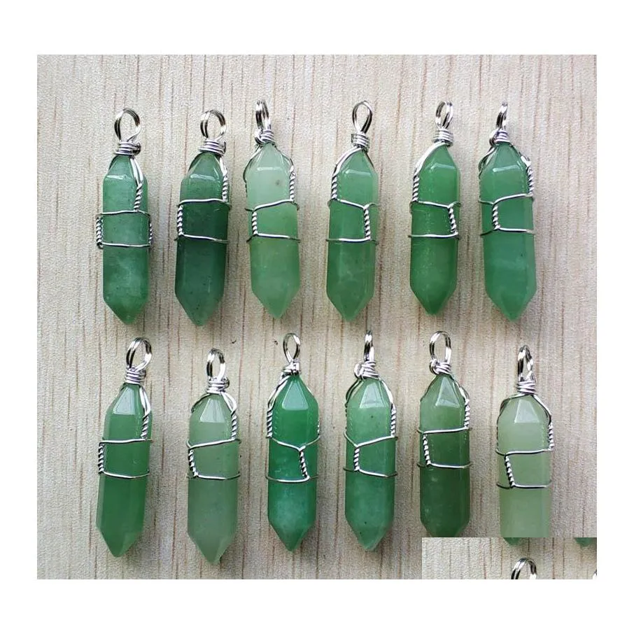 Charms Sier Color Wire Wrapped Green Aventurine Pillar Hexagon Pendum Pendant Healing Crystal Stone Hangings Fashion Smycken Making Dhrun