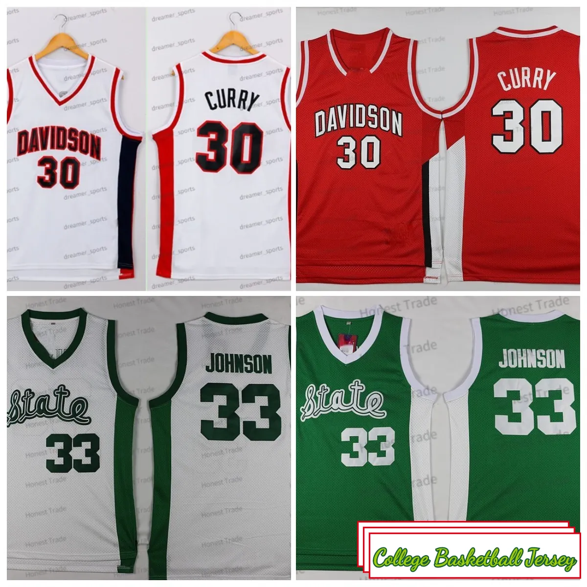 Ncaa basketbalshirt State 33 Johnson Davidson 30 Stephen White Curry Green High School Retro herentruien