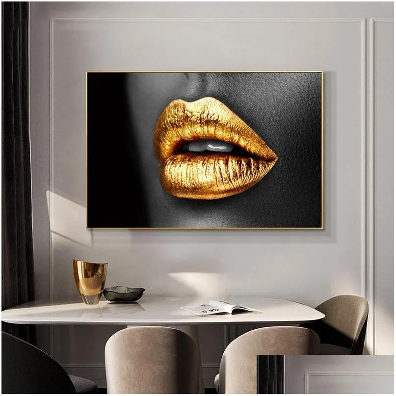 Paintings Golden Lips Painting Canvas Prints Sexy Woman Mouth Wall Pictures For Living Room Modern Home Decor Black Sliver Cuadros D Dhtbd