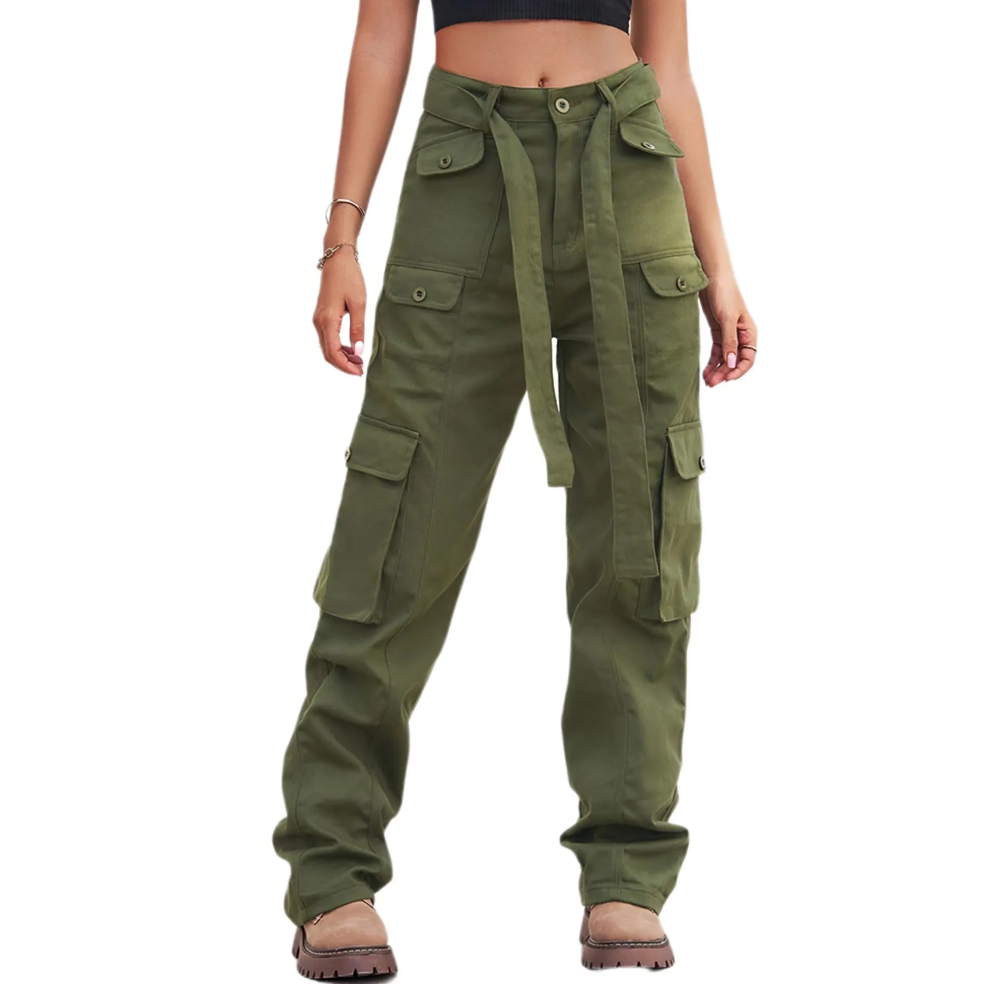 Women Casual Cargo Jogger Pants Denim Multi-pocket Loose Trousers