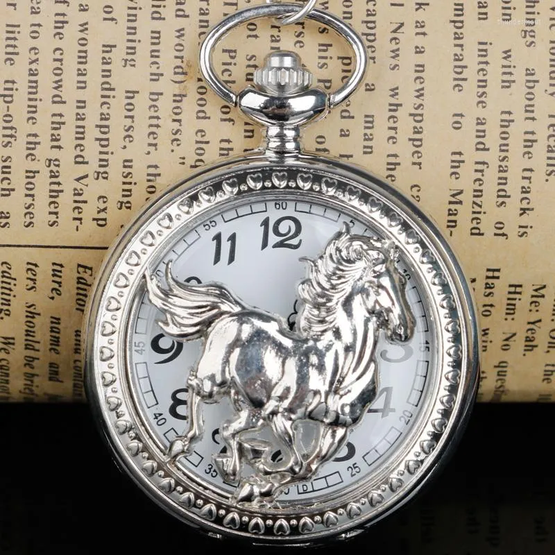 Pocket Watches Silver Running Golden Horse Quartz Watch Necklace Men Women Gifts With Fob Chain