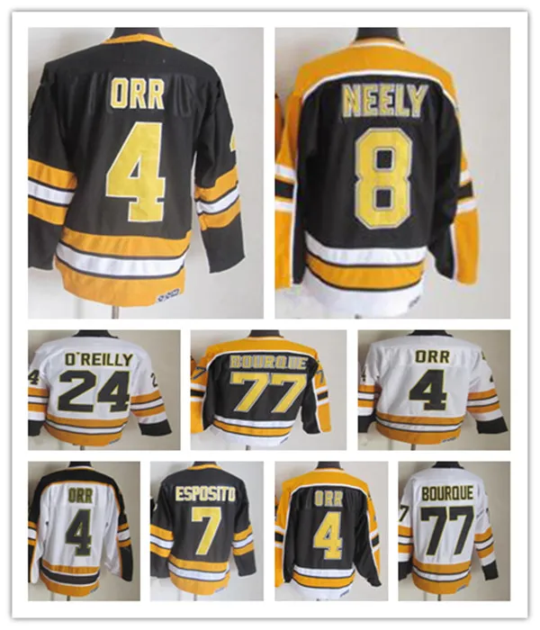 Hommes Bobby Orr Boston Vintage Hockey Jerseys 7 Phil Esposito 24 Terry O'Reilly 8 Cam Neely 77 Ray Bourque Cousu CCM Rétro Uniformes Noir Blanc Jaune Alternatif