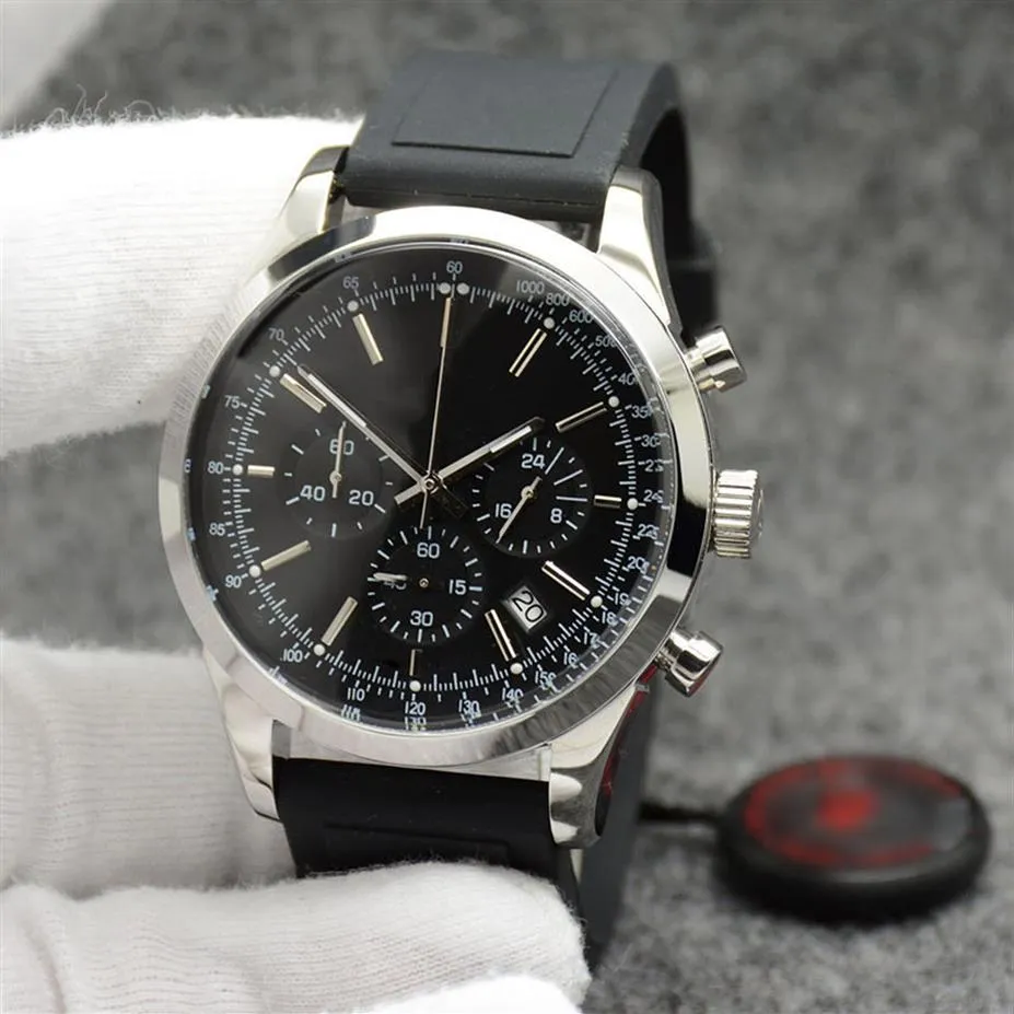 Transocean Men oglądaj kwarc 44 mm Chronograf data męskie zegarki doskonałe wrtistWatches z światowym czasem czarnym wybieraniem i gumką 337Y