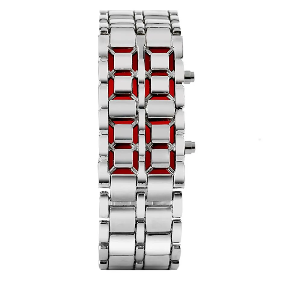 Moda czarna srebrna pełna metalowa cyfrowa lawa zegarek na nadgarstku Mężczyźni Red Blue LED Display Watche Watches Prezenty dla męskiego chłopca sportu Crea192g