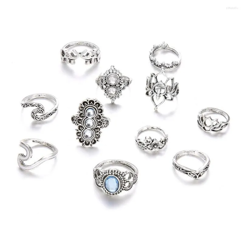 Bröllopsringar Antik Silver Color Crown Flower Set Rhinestone Lotus Wave Elephant Knuckle Midi Finger Women smycken Tillbehör