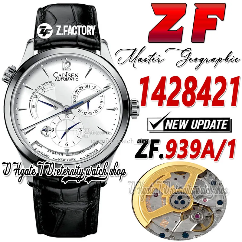 ZF CF1428421 Master Geographic GMT Mens Watch Real Power Reserve A939A/1 Automatisk rostfritt fodral Silver Dial Black Leather Strap Super Edition Eternity Watches