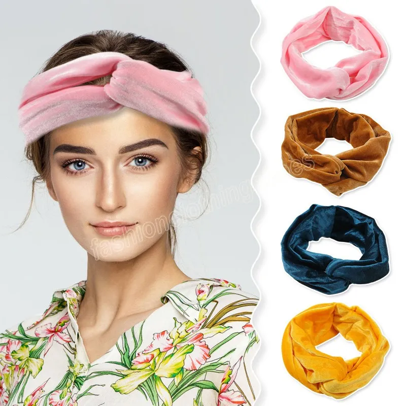 Fashion Solid Color Gold Velvet Cross Stretch Fabric Women Girl Headband Headpiece Turban Bandage Hair Accessories Headwear