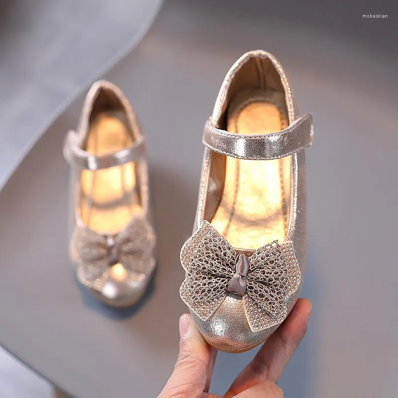 Flat Shoes Girls Kids Leather Children High-Heeled 2022 Crystal Net Yarn Bow Catwalk Show Princess Student Performance