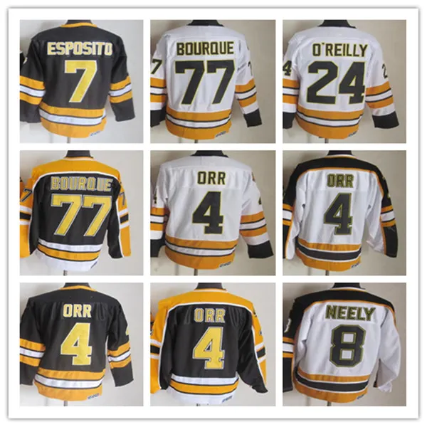 Boston Vintage Ice Hockey Jerseys 4 Bobby Orr 7 Phil Esposito 24 Terry Oreilly 8 Cam Neely 77 Ray Bourque CCM Retro Uniforms Black Blanc Yellow Alternate