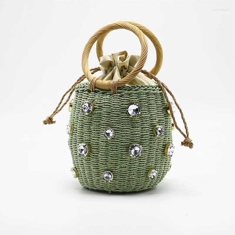 Storage Bags 2022 Handmade Rhinestone Crystal Embellished Straw Bag Small Bucket Lady Travel Purses And Handbags ZM730