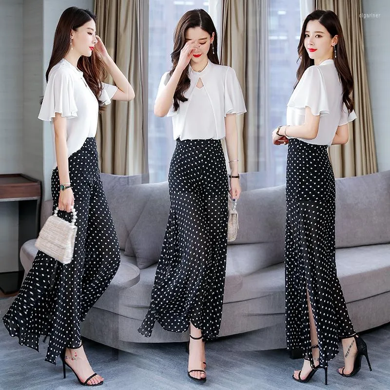 Women's Tracksuits 2022 Summer Two Pieces Dot Suits Elegant Short Sleeve Blouse Shirt Tops And Wide Leg Pant Trousers Sets