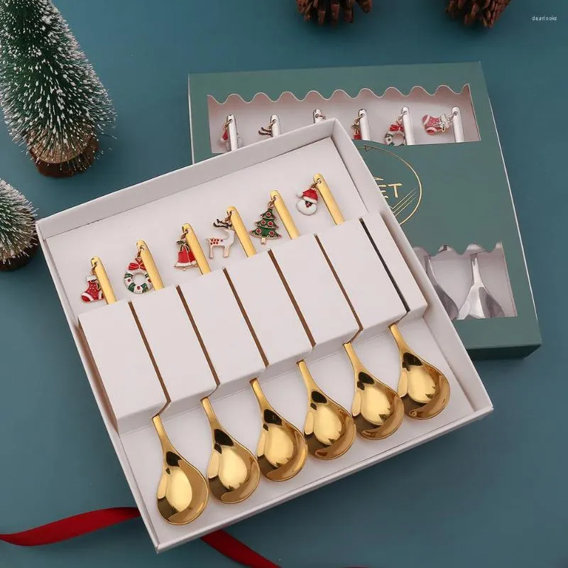 Dinnerware Sets 6pcs/set Christmas Theme Flatwares Santa Claus Snowman Shape Gold Plated Fruit Fork Coffee Spoon Party Decoration Gift