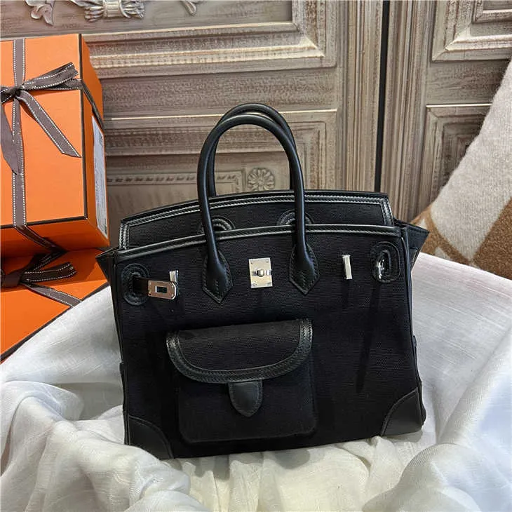 designer handbags herme  Wax line full hand sewing 25 new canvas bag pocket bag black sesame silver button swift 6M5C BAZ6 RJQ7