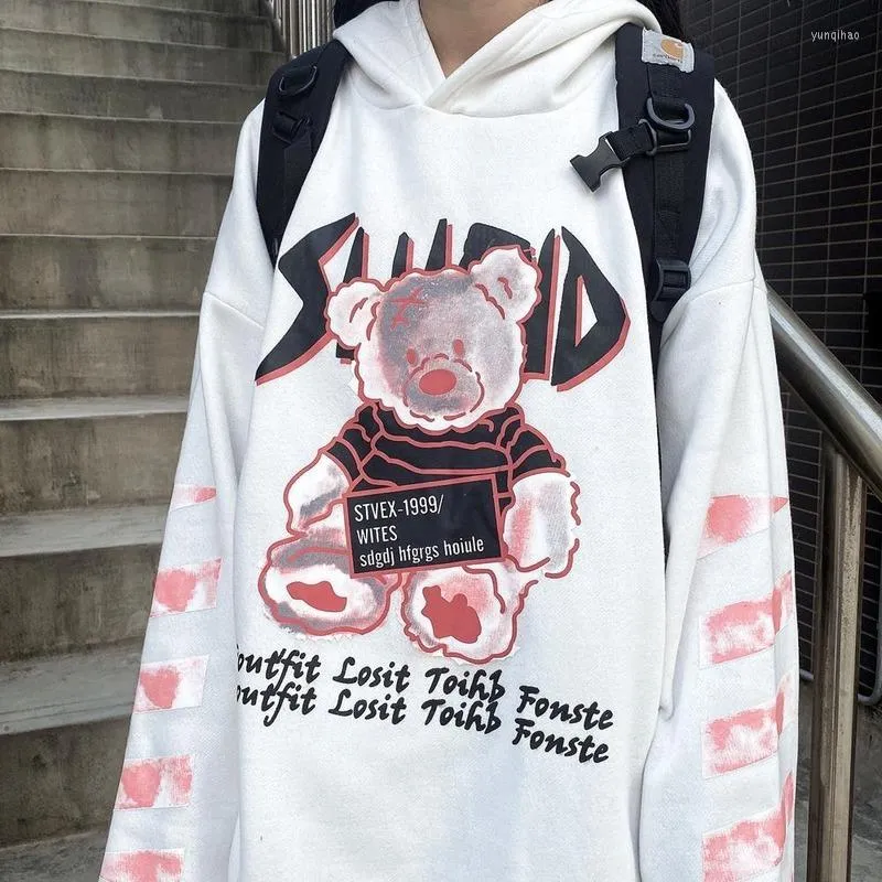 Com capuz masculino, coreano, lã de lã de inverno coreano, cartoon urso, harajuku imprimir casal de hip hop solto de luto de rua de tamanho grande