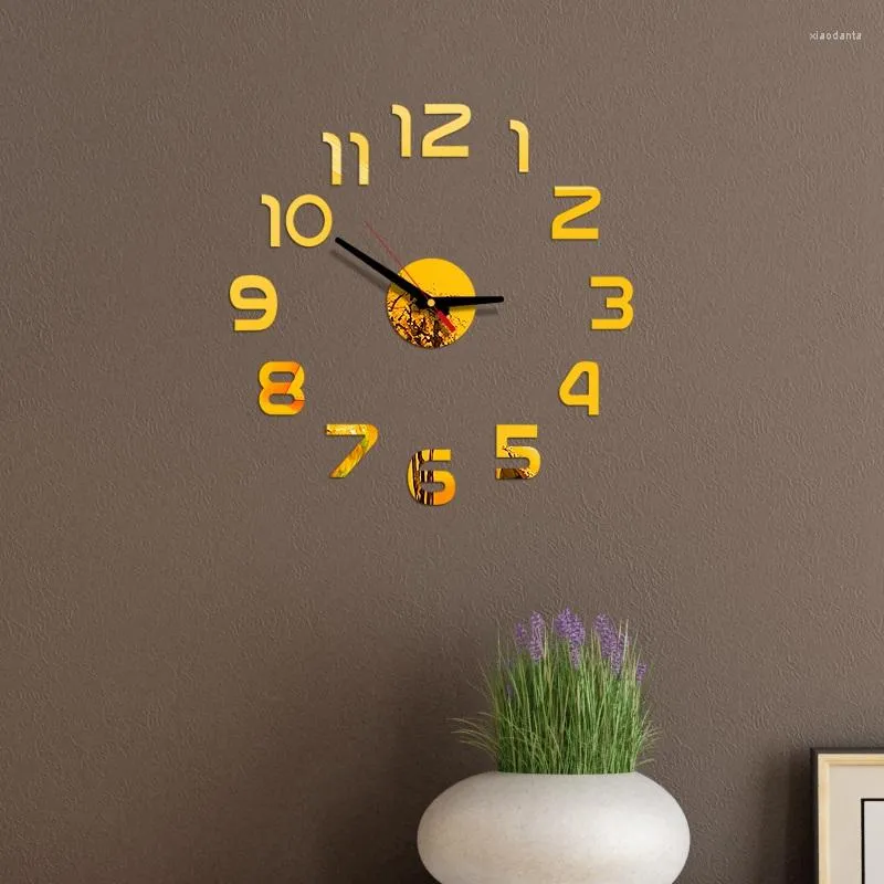 Wall Clocks Gold Quartz Needle Digital DIY Clock 3D Acrylic Stickers Bedroom Living Study Room Home Office Decoration Decor Free