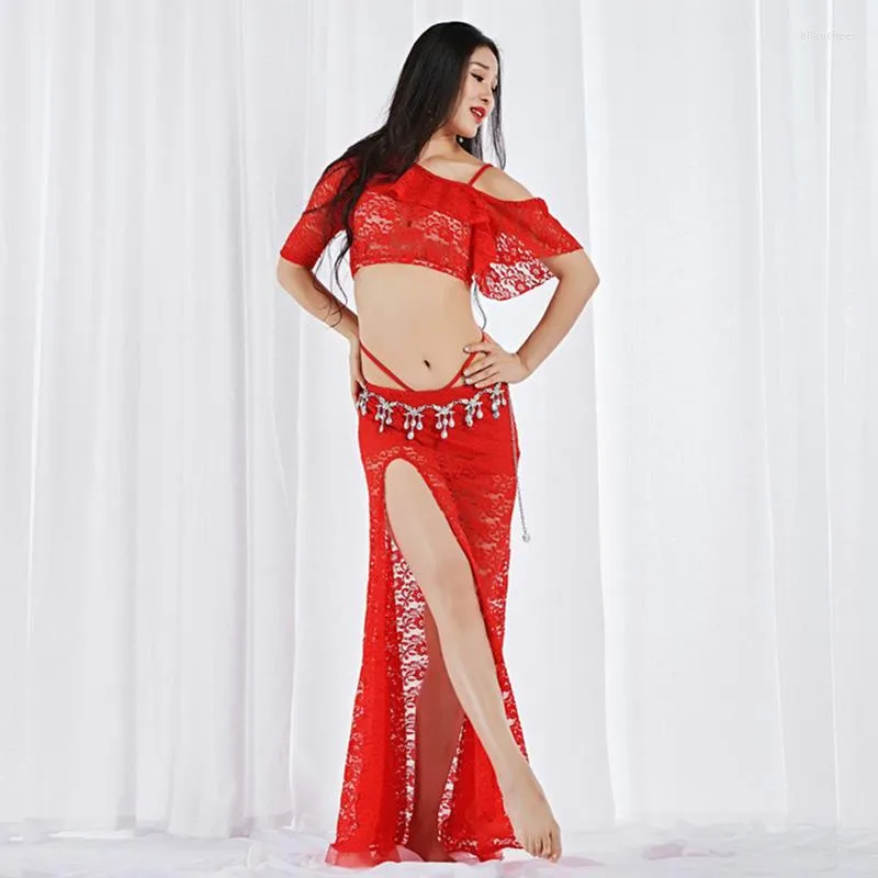 Stage Wear Modal Performance Belly Dance Lace Elegant Inclined Shoulder Girl 2pcs Long Skirt Dresses Costumes