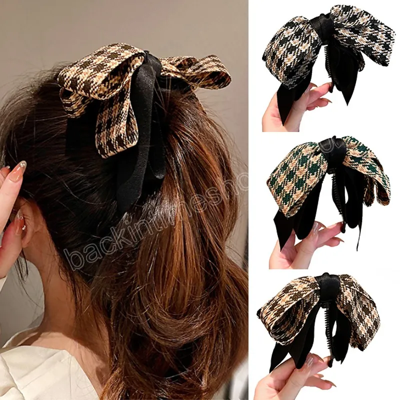 Black Green Plaid Bow Hairpin High Ponytail Hair Claw Clip For Women Lattice Print Ribbon Banana Clips Hair Accessories Fashion