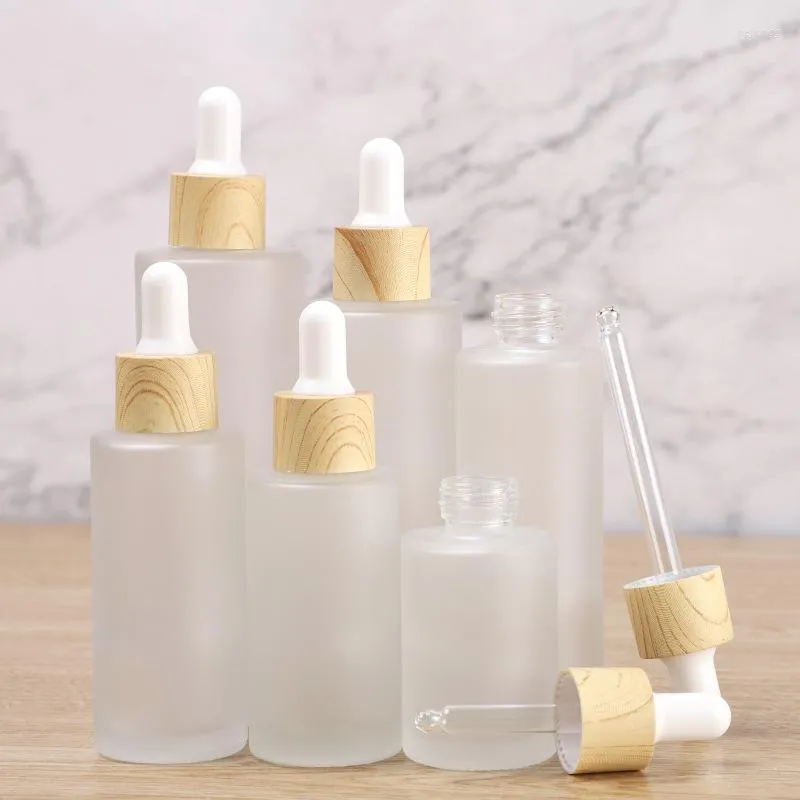 Storage Bottles 20ml 30ml 40ml 50ml 60ml 80ml 100ml Frosted Dropper Bottle With Bamboo Lid Pipette Essential Oil Empty