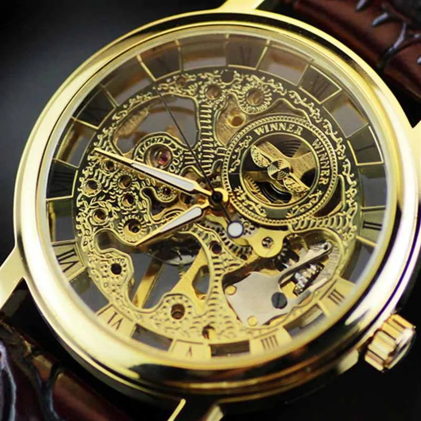 2021 new skeleton hollow fashion mechanical hand wind men luxury male business leather strap Wrist Watch Relogio217n