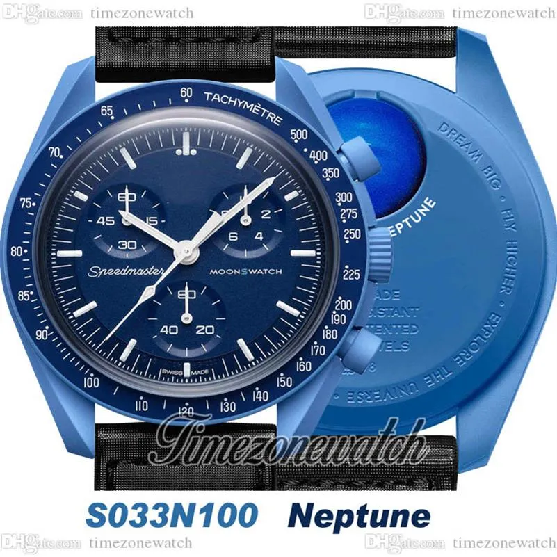 Bioceramic moonswatch Swiss Quqrtz Chronograph Mens Watch Mission SO33N100 в Neptune 42 -мм настоящий темно -синий керамический черный нейлон с 2308