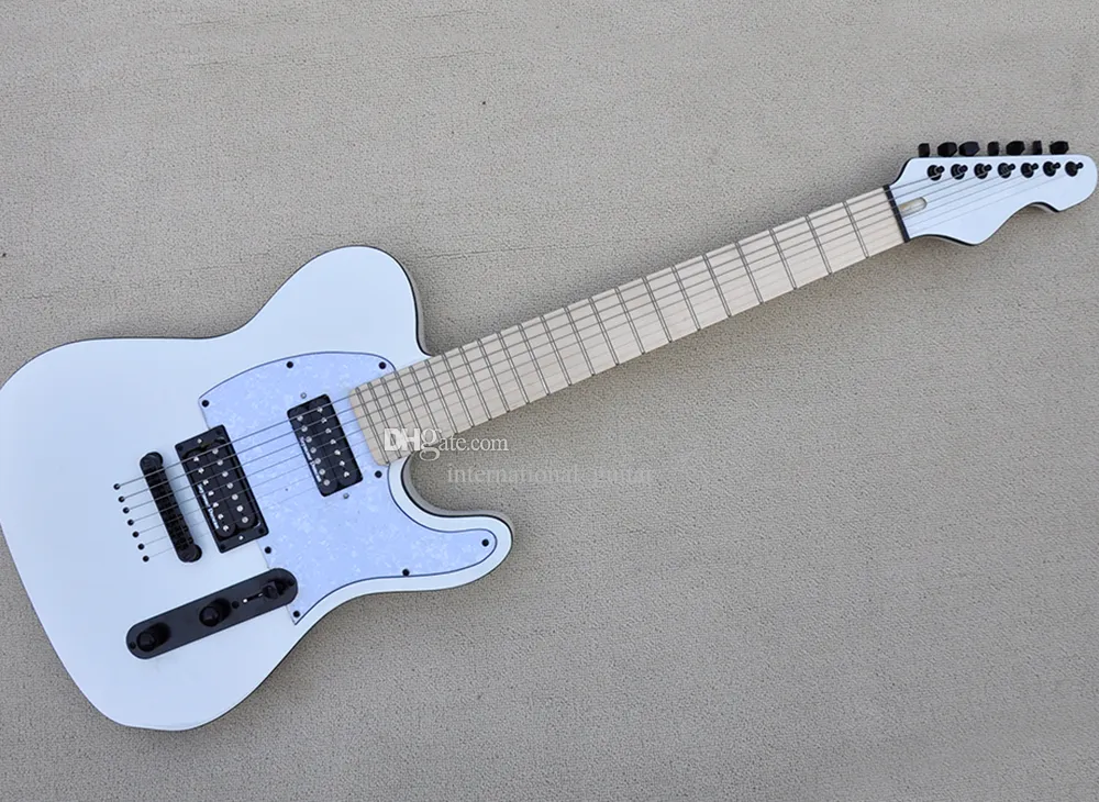 White 7 Strings Electric Guitar with Humbuckers Maple Fretboard Strings Through Body Can be Customized