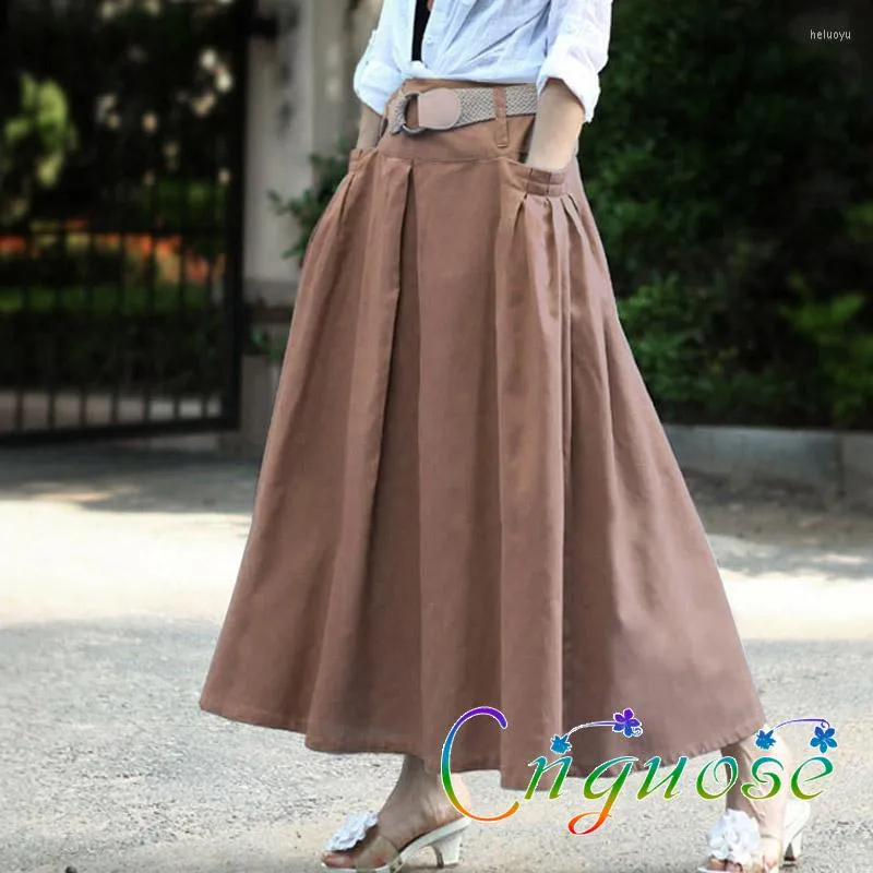 Saias 2022 plus size 4xl primavera outono casual vintage retro algodão e linho dobras uma linha feminina saia plissada designs/mulheres
