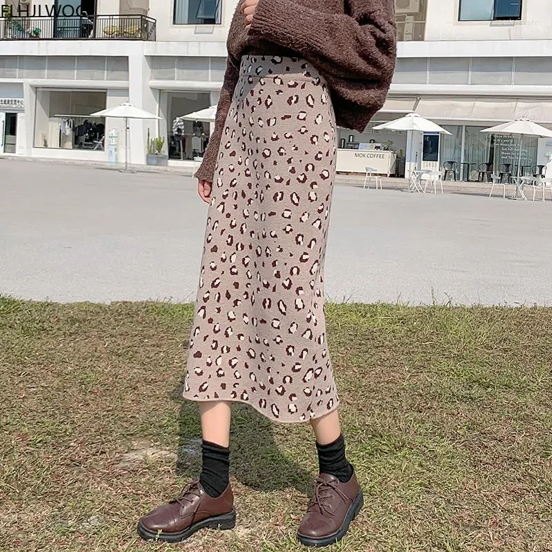 Skirts Women Winter Spring High Waist Split Leopard Print Long Skirt O2533