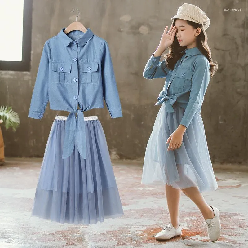 Set di abbigliamento per 3-13 anni Vestiti per ragazze adolescenti 2022 Abiti per bambini Top a maniche lunghe in denim e gonna in filato netto Adolescente