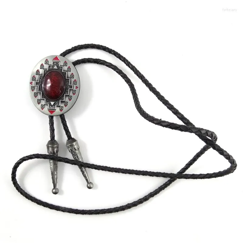 Bow Ties 5 Pcs Wholesale Lots Vintage Black Leather Bolo Tie Cowboy With Metal Buckle Red Stone Inlay Male Accessories