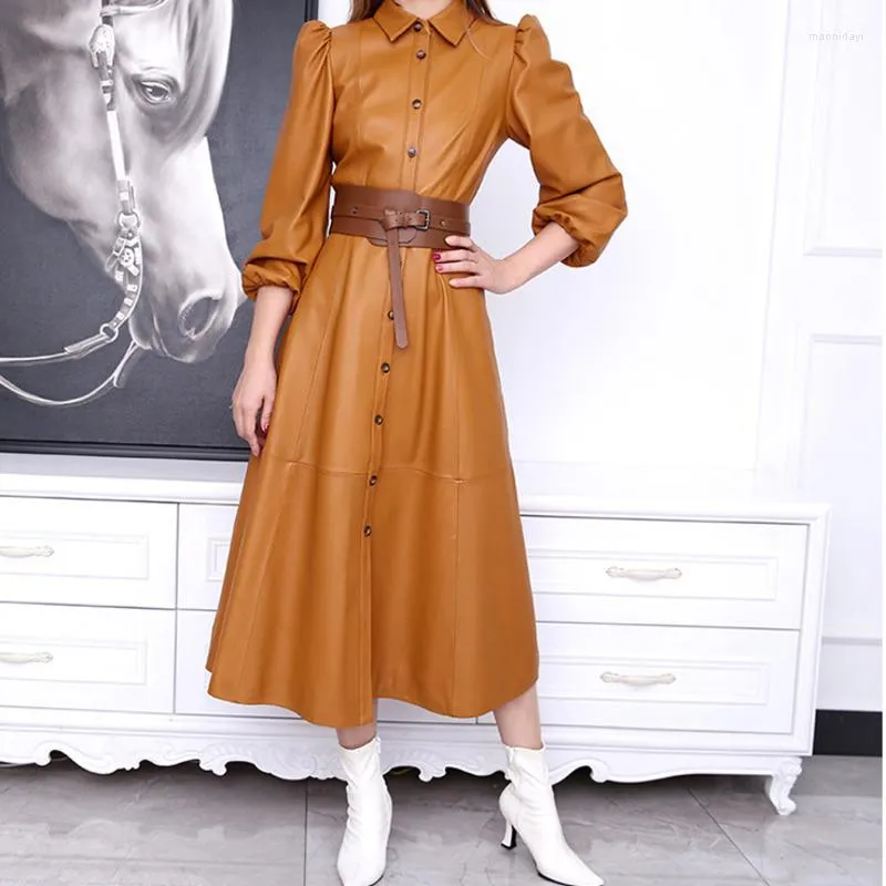 Casual Dresses Leather Dress Sheepskin Bubble 3/4 Sleeves High Waist Slim Long Elegant Women's Revolutionary