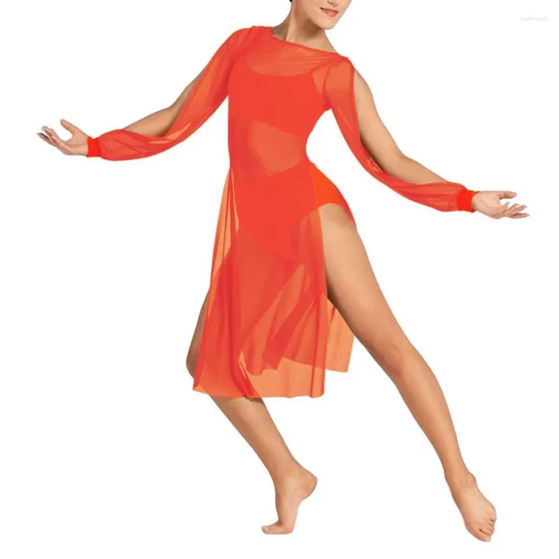 Women s Modern Ballet Dance Costume Outfit 3 Piece Orange Mesh Dress with Bras Top Brief Solid Color Side Splits Open Sleeves Boat Neck 2024
