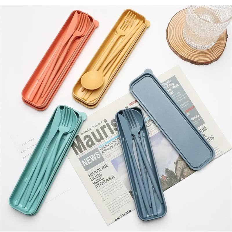 Ensembles de vaisselle Couverts de voyage portables avec étui Cuillères Fourchettes Baguettes Kits de paille de blé réutilisables écologiques pour ustensiles de cuisine