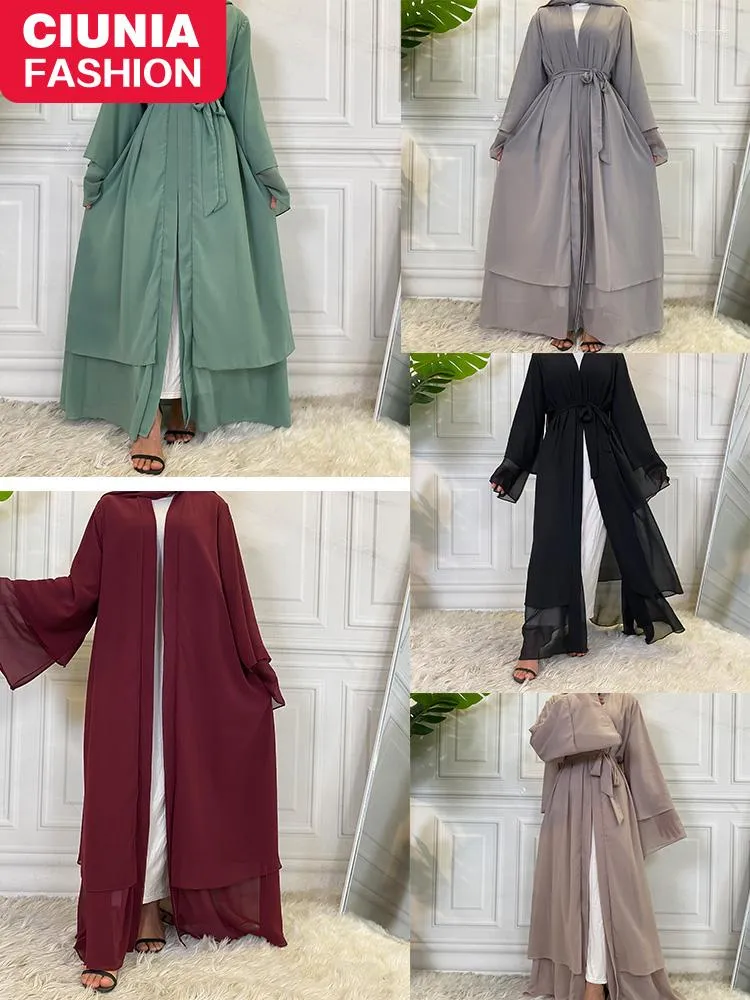 민족 의류 더 나은 더블 레이어 Abaya 기모노 이슬람 쉬폰 Hijab 드레스 이슬람 두바이 Kaftan 우아한 모로코 Caftan 여자