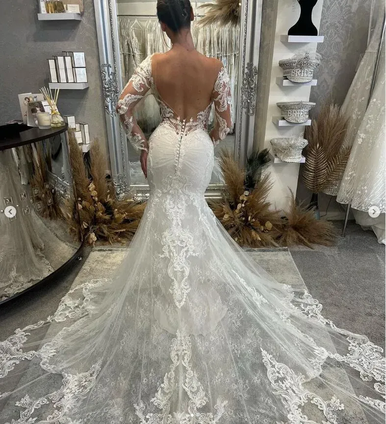 2023 Magnifiques Robes De Mariee Sirene Robe De Mariee Manches Longues Dentelle Appliques Volants Satin Balayage Train Sur Mesure Plage Pays Plus Taille Vestido De Novia Du 150 16 DHgate