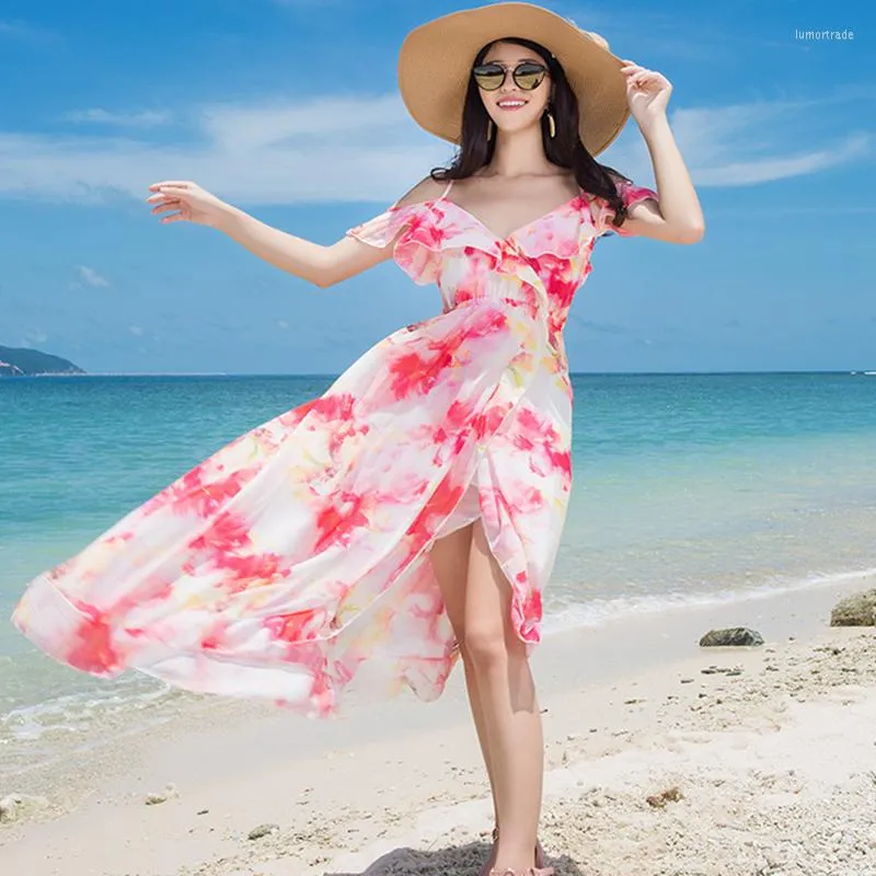 Casual Dresses Beach Böhmen tryckt Chiffon Long Maxi Sexig vår Sommarklänning för kvinnor Vetement Femme 2022 Sukienka