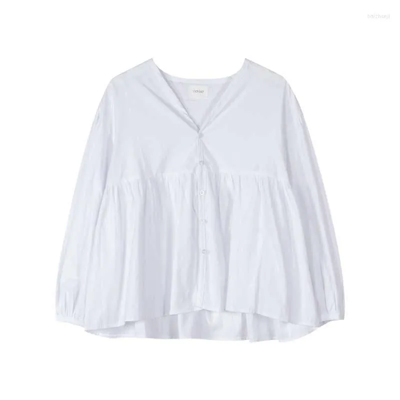 Blouses pour femmes peut-être U femmes Beige blanc col en v manches lanterne longue ample solide plissé Blouse chemise printemps été B0498