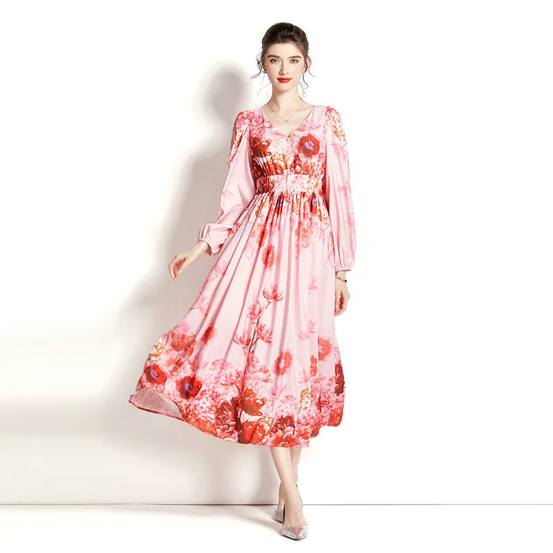 Boutique Womens Floral Dress 2023 Spring Autumn Dress Long Sleeve High-End Lady Printed Dresses Runway Dresses