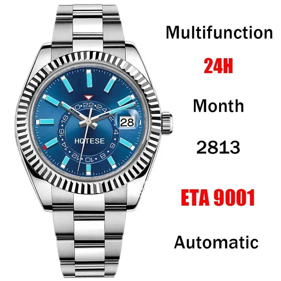 TOP Luxury Men Business Sapphire Watch 2813 ETA 9001 Automatic Multifunctional Monthly Calendar 24H GMT Dual Time Zone Diving Wate268z