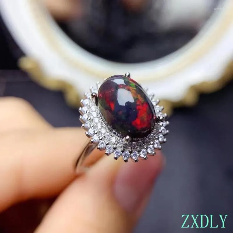 Кластерные кольца роскошные натуральные черные опал кольцо Реал 925 Серебряные украшения для большого размера драгоценный камень хороший красочный огненный секрет родов