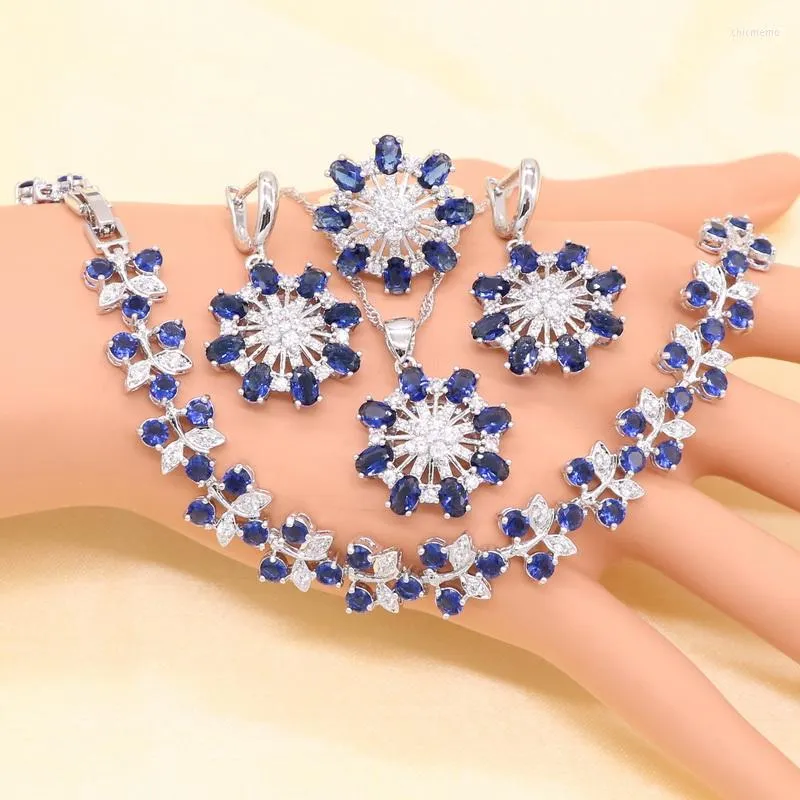 Necklace Earrings Set XUTAAYI 925 Silver Wedding For Women Flower Shape Blue Zircon Bracelet Pendant Ring Gift Box