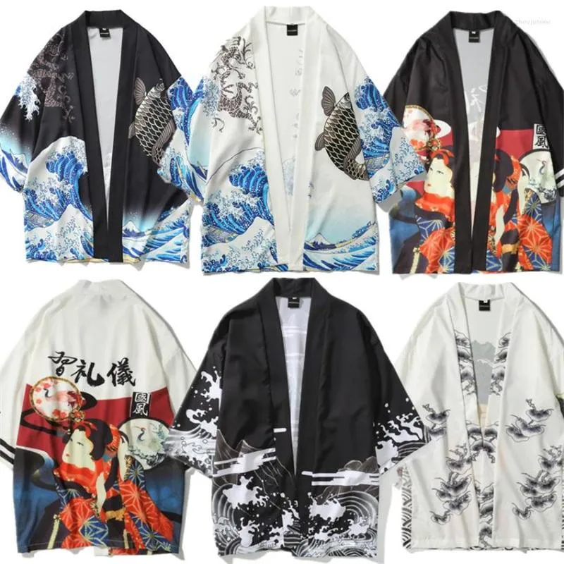 Hommes chemises décontractées hommes japonais mode impression chemise Kimono Cardigan Streetwear 2022 Obi Haori traditionnel asie vêtements pour homme ouvert