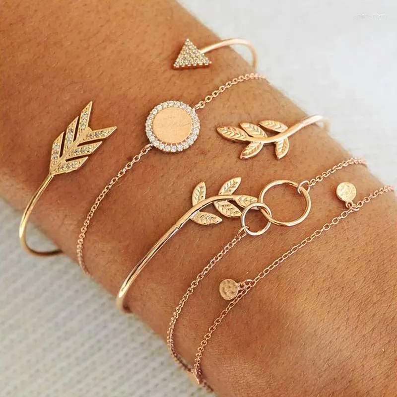 Bangle Miss JQ 5st/Set Bohemian Gold Color Cuff Set för Women Arrow Leaves Crystal Round Armband Fashion Party Jewelry